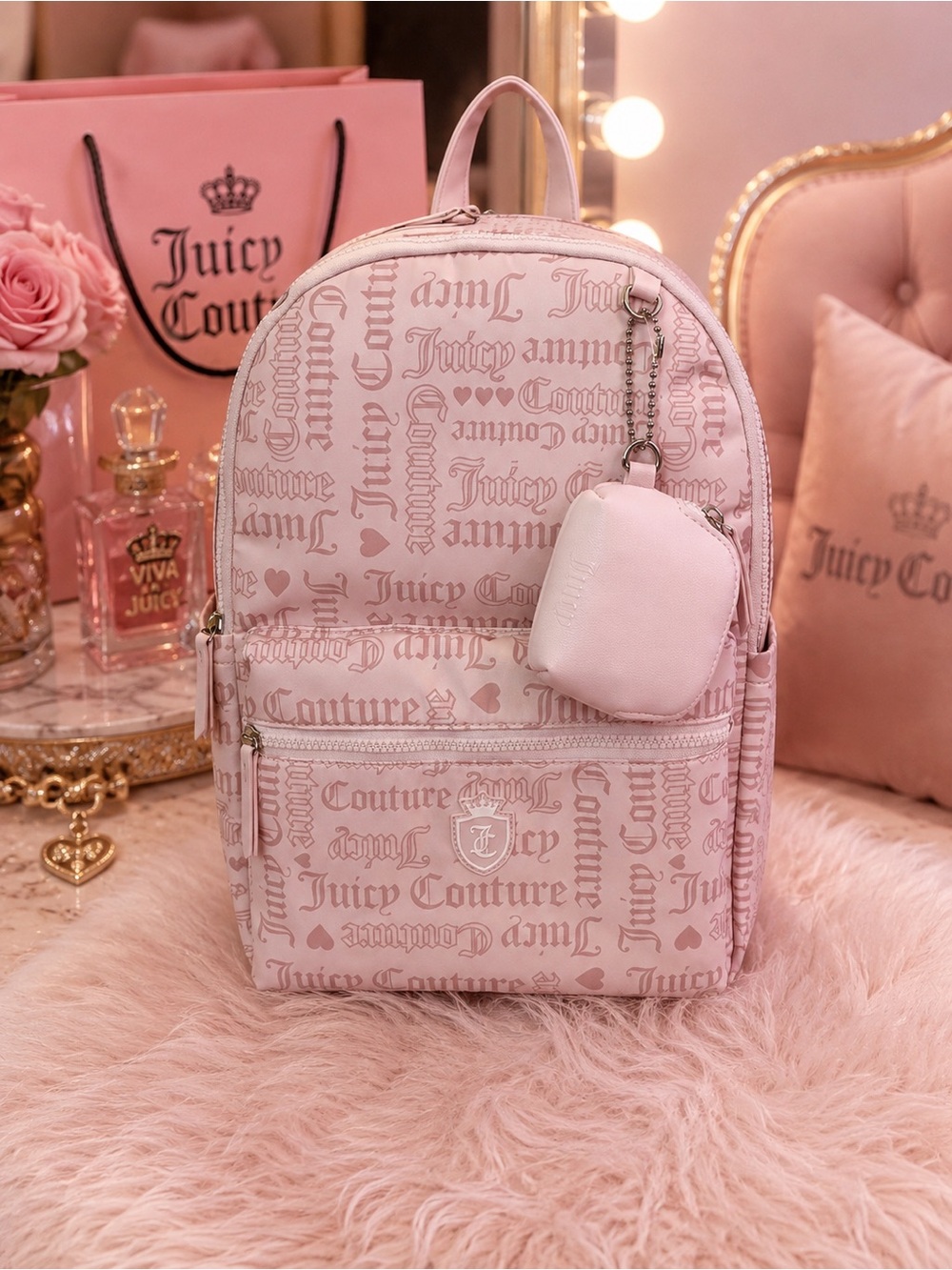 Juicy Couture Blush Pink Logo Backpack with Coin Pouch